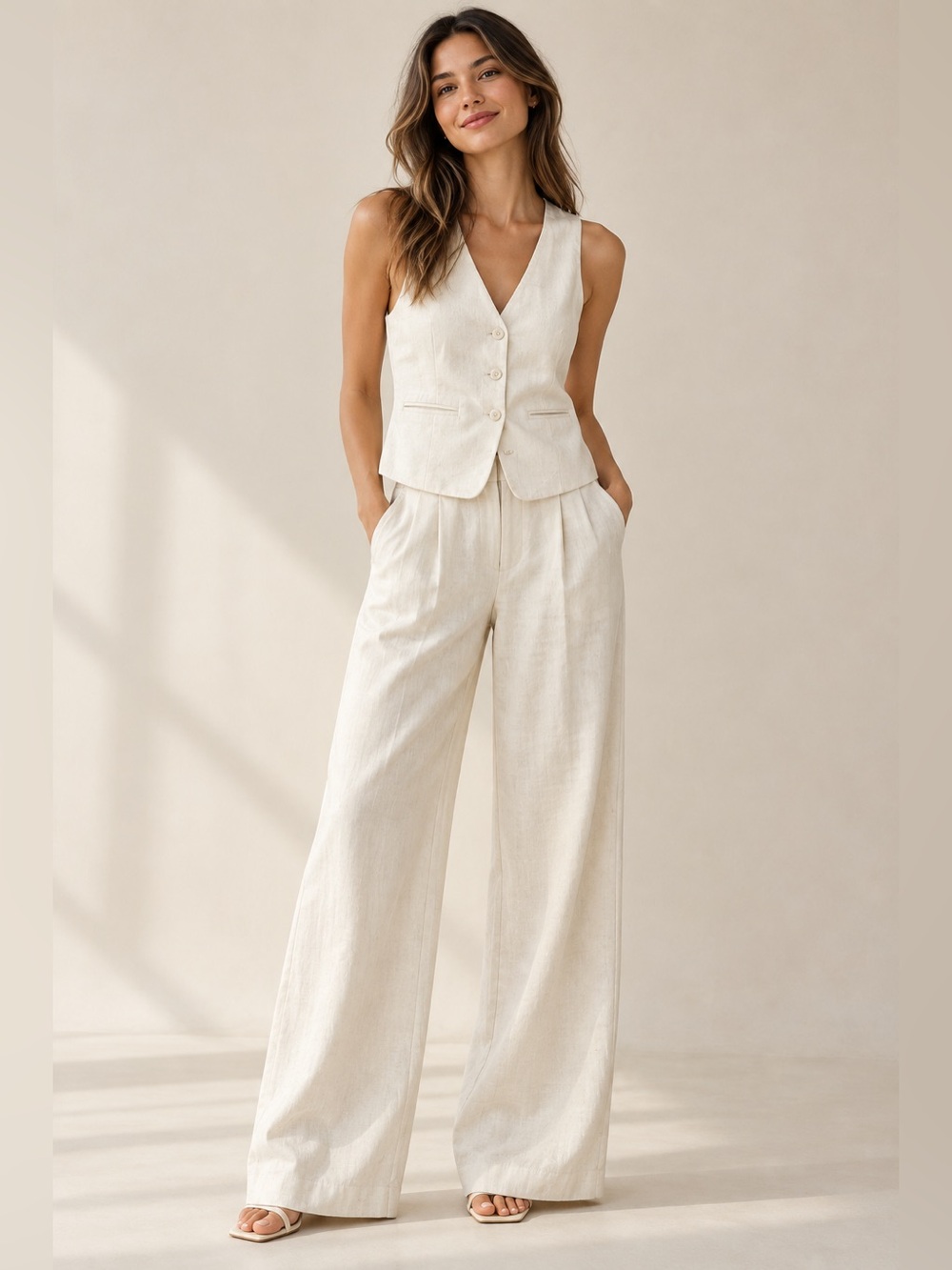 Linen-Blend Cream Vest & Wide-Leg Pants Set S